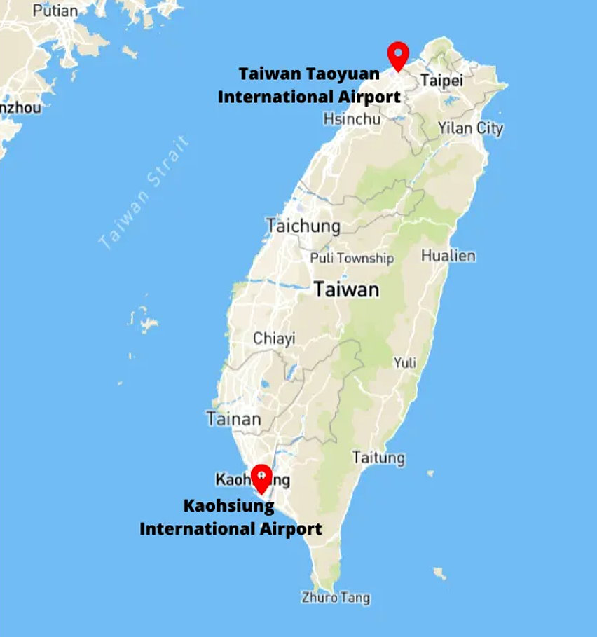 Map of Taiwan showing Taoyuan International Airport in the north and Kaohsiung International Airport in the south.